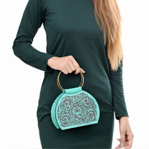 American Darling Turquoise Floral Hand Tooled Embossed Leather Handbag NWT - Picture 2 of 11